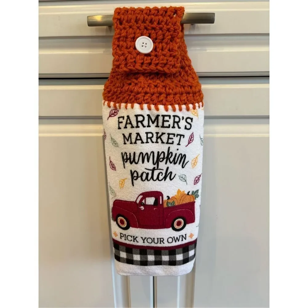 Crochet Top Kitchen towel-Farmers market pumpkin patch red truck